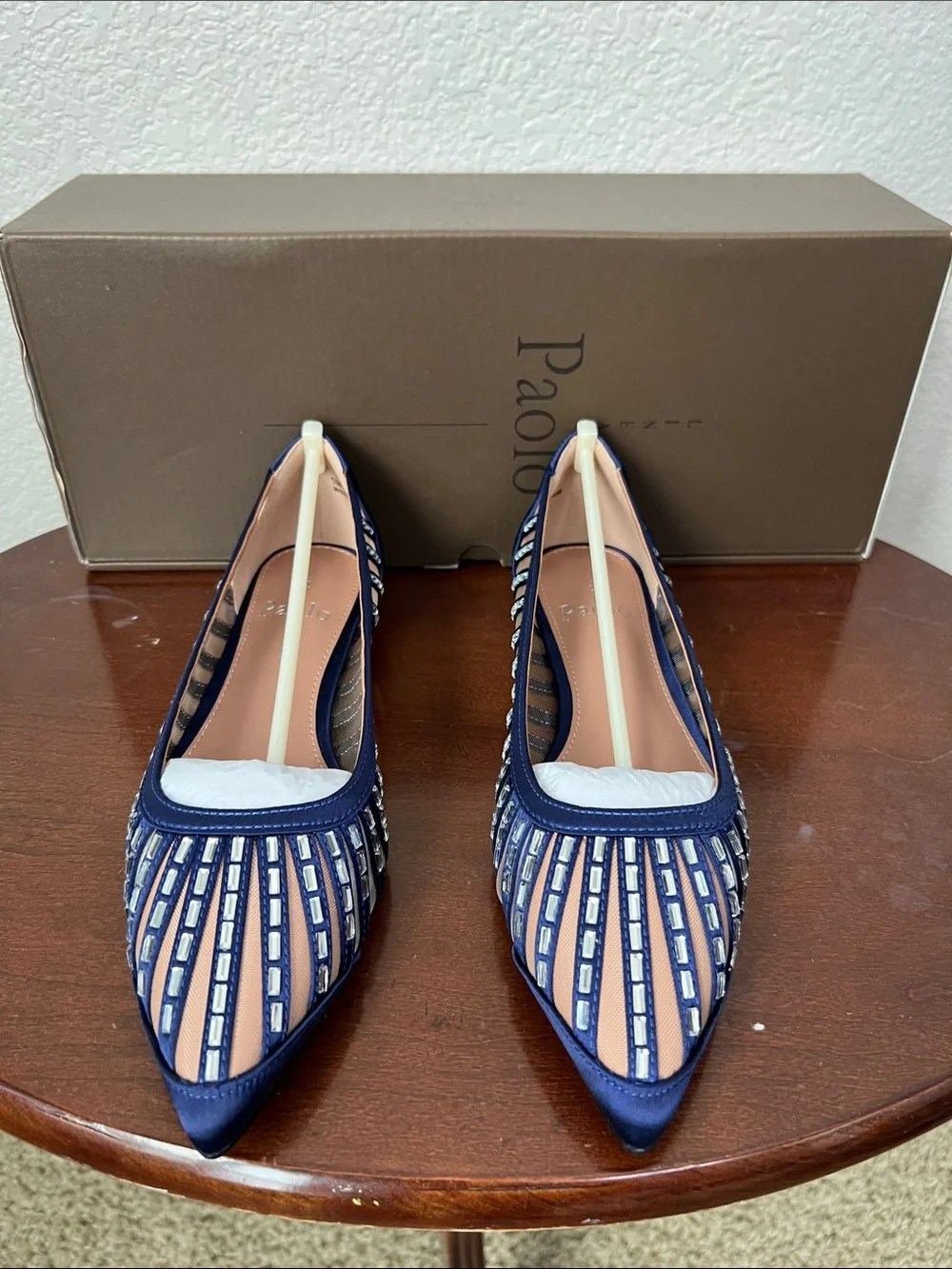 Linea Paolo Noelle Navy Blue Satin Crystal Embellished Flat Dress Shoe Size 5